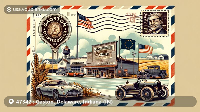 Modern illustration of Gaston, Indiana, featuring a stylized airmail envelope with an open postcard showcasing Kaffeine Coffee, a cafe transformed from the historic Chevrolet Brothers racing studio. Surrounding the postcard are various postal elements.