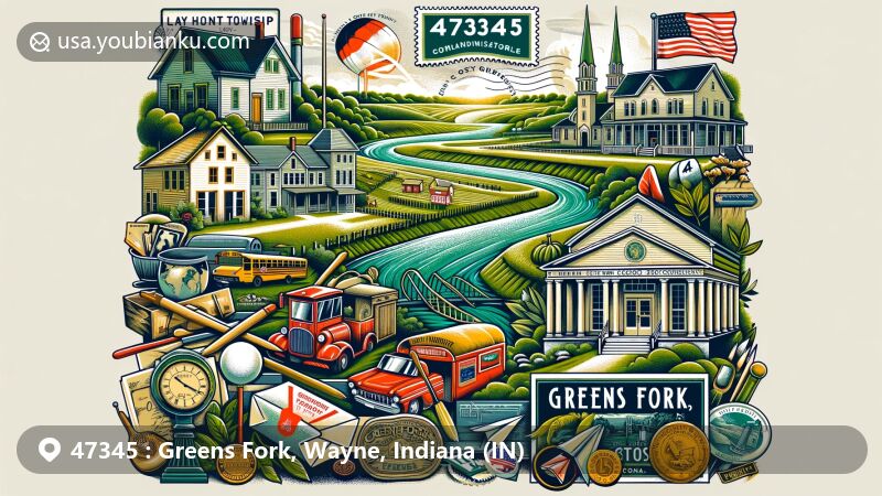 Modern illustration of Greens Fork, Wayne County, Indiana, incorporating local culture, history, and postal theme with ZIP code 47345. Features Clay Township Historical Society Museum and Greens Fork river.