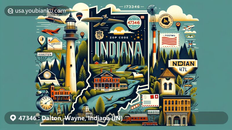 Modern illustration of a small American town with a postal theme, featuring a unique ZIP code. The design includes iconic landmarks and symbols that represent the local culture and heritage.