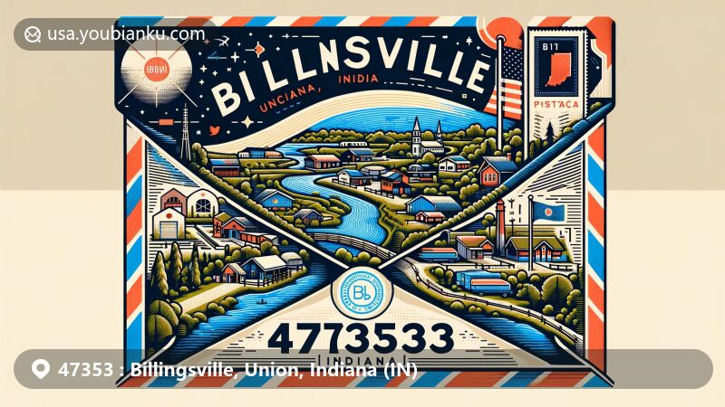 Modern aerial-themed illustration of Billingsville, Union, Indiana, showcasing local charm and natural beauty with Indiana state flag and postal symbols, highlighting ZIP code 47353.