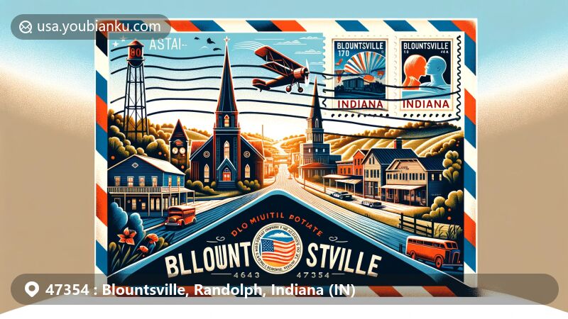 Modern illustration of Blountsville, Indiana, featuring vintage airmail envelope with stamps of landmarks, showcasing ZIP code 47354 and town's vibrant community life.
