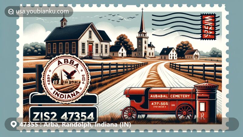 Modern illustration of Arba, Randolph County, Indiana, with ZIP code 47355, blending Quaker heritage and postal elements, featuring vintage envelope, Arba Cemetery stamp, red postbox, and mail carriage.