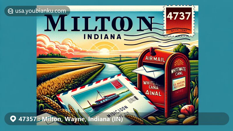 Modern illustration of Milton, Wayne County, Indiana, showcasing postal theme with ZIP code 47357 and featuring Indiana's rolling hills, farmland, vintage airmail envelope, and elements like corn stalks or wheat sheaf.