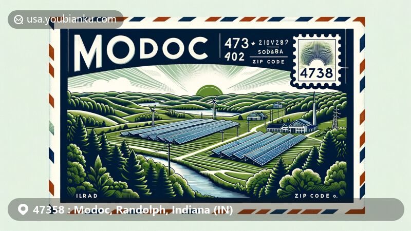 Contemporary illustration of Modoc, Indiana, in the 47358 ZIP code area, presenting a harmonious blend of nature's beauty and renewable energy commitment.