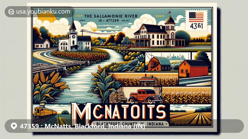 Artistic illustration of McNatts postcard, Blackford County, Indiana, depicting ZIP code 47359 with Salamonie River, Montpelier landmark, corn and soybean fields, and historic post office.