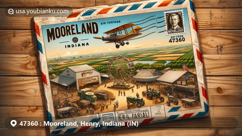 Modern illustration of Mooreland, Henry County, IN, showcasing vintage airmail envelope with contents revealing Mooreland's landscape, farmlands, community fair with Ferris wheel, tractor pulls, and Wilbur Wright stamp.
