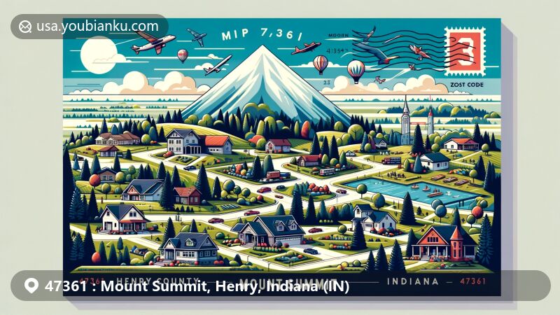 Modern illustration of Mount Summit, Henry County, Indiana, showcasing serene countryside with small homes, parks, lakes, and hiking trails, embodying a close-knit community atmosphere and featuring symbols representing Henry County and Indiana, along with postal elements.
