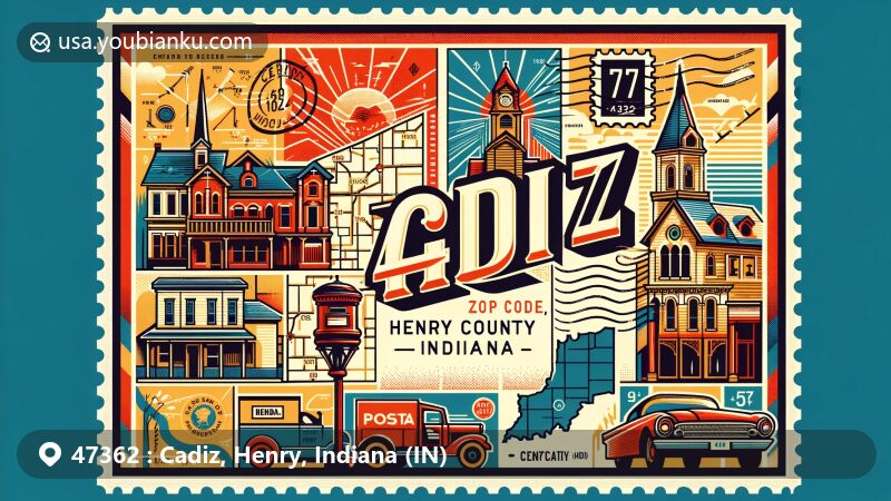 Modern illustration of Cadiz, Henry, Indiana (IN), showcasing postal theme with ZIP code 47362, featuring charming small-town elements like classic streetscape and historical architecture.