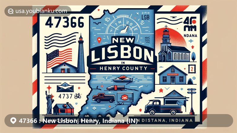 Creative postcard-style illustration for New Lisbon, Henry County, Indiana, with ZIP code 47366, featuring symbolic elements of small-town Indiana, vintage postage stamp, postmark, and Indiana state flag.