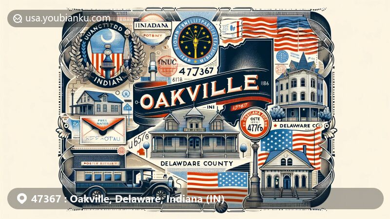 Modern illustration of Oakville, Delaware County, Indiana, showcasing postal theme with ZIP code 47367, featuring Pleasant Hill and Oakville post office history, Indiana state flag, and iconic architecture by Costigan, Dentzel, and Saarinen.