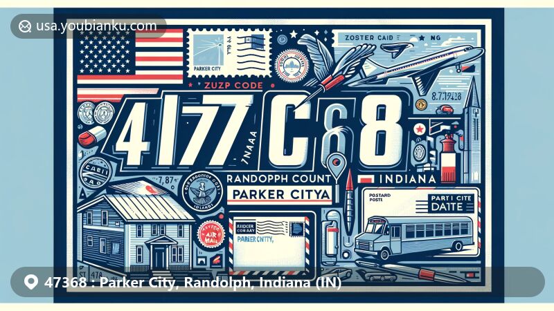 Modern illustration of Parker City, Randolph County, Indiana, showcasing postal theme with ZIP code 47368, featuring Indiana state flag and postal elements.
