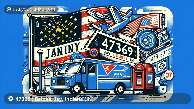 Creative illustration of Balbee, Jay County, Indiana, featuring ZIP code 47369, showcasing Indiana state flag and Jay County outline in a postcard design with postage stamps and air mail envelope concept.