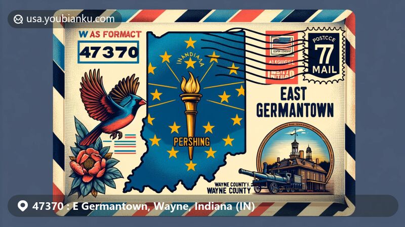 Modern illustration of East Germantown (Pershing), Wayne County, Indiana, showcasing vintage air mail envelope as main framework with Indiana state flag background, including iconic state symbols like cardinal, peony, and tulip tree, as well as historical marker for Civil War history.