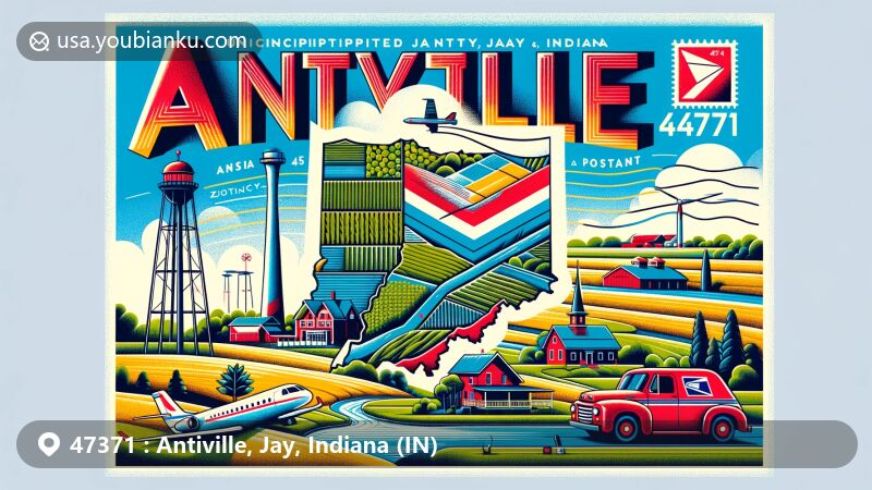 Modern illustration of Antiville, Jay County, Indiana, featuring postal elements and landmarks, including Portland Municipal Airport and agricultural landscapes.