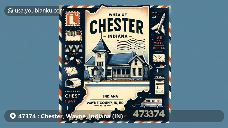 Modern illustration of Chester area, Wayne County, Indiana, in postcard design with ZIP code 47374, featuring state outline, vintage post office facade, and postal stamp, blending historical and contemporary elements.