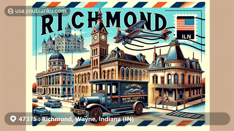 Modern illustration of Richmond, Wayne County, Indiana, with air mail envelope background featuring iconic buildings like Wayne County Courthouse, 'Old' Reid Hospital, and William G. Scott House, postmarked 'Richmond, IN 47375'. Indiana state flag in upper left corner, old mail car in foreground, reflecting regional and postal themes.