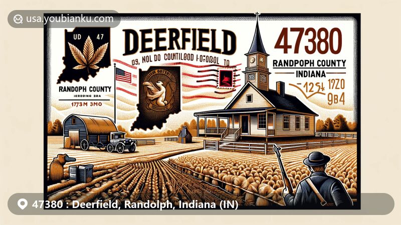 Modern illustration of Deerfield, Randolph County, Indiana, capturing postal theme with ZIP code 47380, featuring historic Quaker meeting house and agricultural heritage.