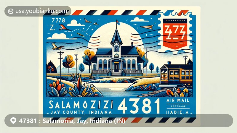 Modern illustration of Salamonia, Jay County, Indiana, featuring creatively styled air mail envelope with ZIP code 47381, incorporating iconic schoolhouse and Salamonie River.