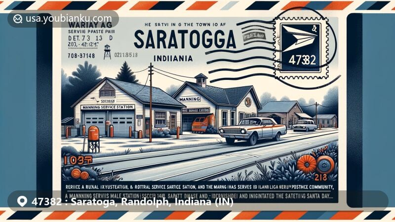 Modern illustration of Saratoga, Randolph County, Indiana, highlighting Manning Service Station and Santa Day tradition, designed as a postcard with postal symbols and ZIP code 47382.