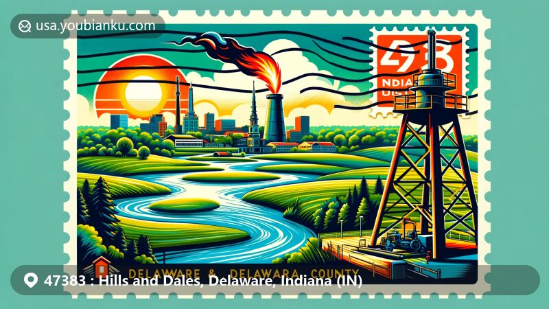 Modern illustration of Hills and Dales, Delaware County, Indiana, featuring postal theme with ZIP code 47383, showcasing natural gas history and scenic rivers.