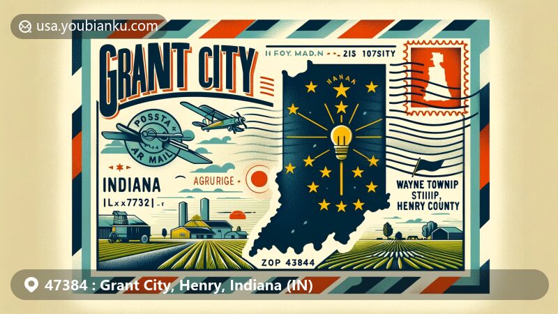 Modern illustration of Grant City, Indiana, ZIP code 47384, featuring a vintage air mail envelope with Indiana's geographical and cultural elements, including the state's silhouette, Indiana state flag, and Henry County's outline, highlighting Grant City's heritage.