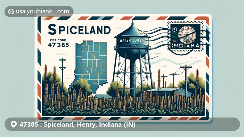 Modern illustration of Spiceland, Henry County, Indiana, featuring iconic Spiceland water tower, spice bushes, and Indiana state flag.