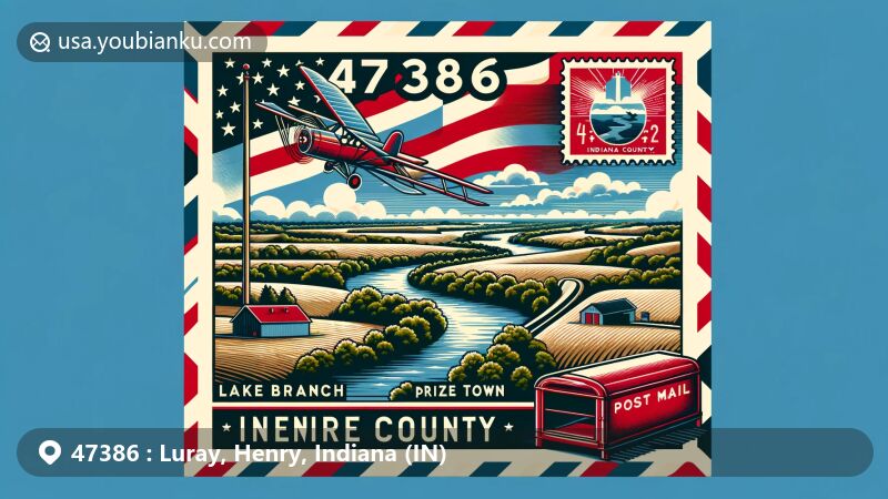 Modern illustration of Luray, Henry County, Indiana, inspired by vintage air mail envelope, showcasing Lake Branch and Indiana state flag within ZIP code 47386.