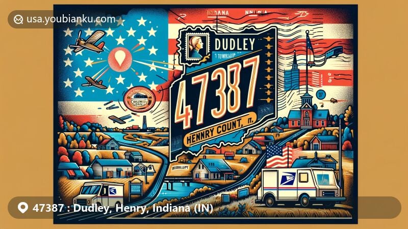 Modern illustration of Dudley, Henry County, Indiana, displaying postal theme with ZIP code 47387, featuring Dudley Township and Indiana state symbols.