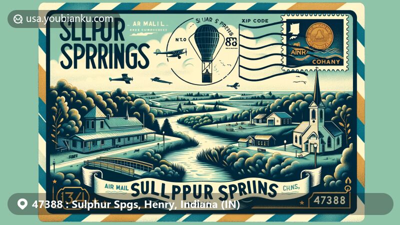 Modern illustration of Sulphur Springs, Indiana, featuring ZIP code 47388 in a warm and welcoming scene framed within an air mail envelope, highlighting town's charm and natural beauty.