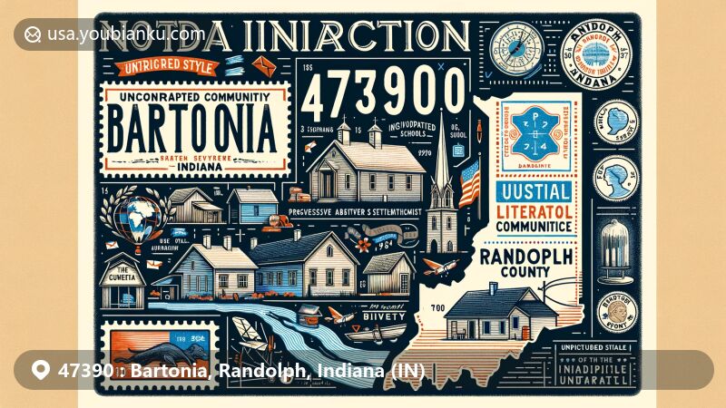 Modern illustration of Bartonia, Randolph County, Indiana, focusing on ZIP Code 47390, with emphasis on historical significance, Quaker heritage, Greenville Settlement, and community roots.