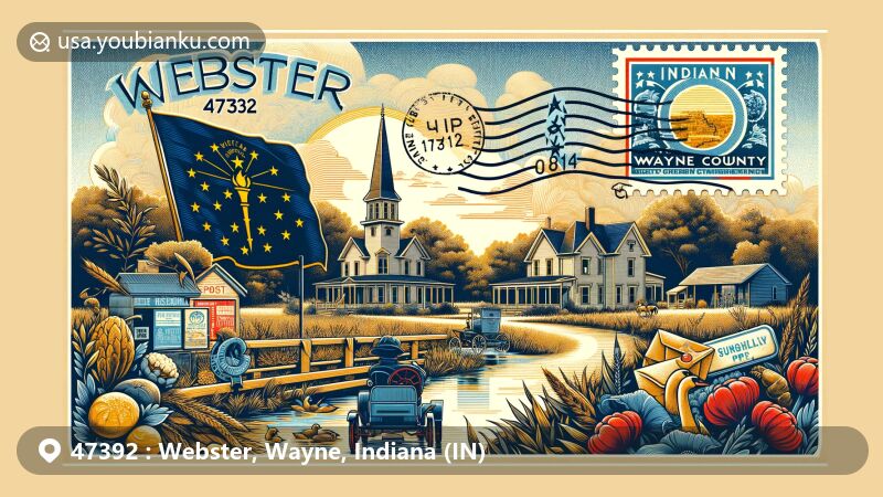 Modern illustration of Webster, Wayne County, Indiana, showcasing postal theme with ZIP code 47392, featuring Indiana state symbols like the blue and gold state flag, Northern Cardinal, Peony, Sugar Cream Pie, and Wabash River.
