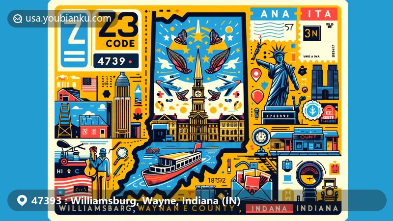 Modern illustration of Williamsburg, Wayne County, Indiana, highlighting postal theme with ZIP code 47393, featuring Indiana state outline incorporating Wayne County shape, iconic representation of historical aspects, vintage air mail envelope, postage stamp with state flag, and postmark.