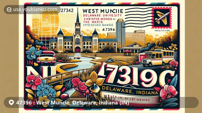 Modern illustration of West Muncie, Delaware, Indiana, featuring postal theme with ZIP code 47396, showcasing Ball State University campus elements like Christy Woods and Wheeler Orchid Collection.