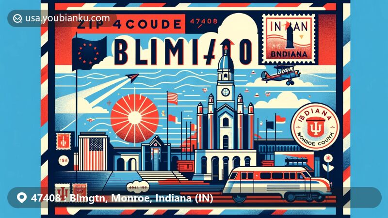 Modern illustration of Bloomington, Monroe County, Indiana, blending postal theme with ZIP code 47408, showcasing state flag, Monroe County outline, and landmarks like Sample Gates of Indiana University.