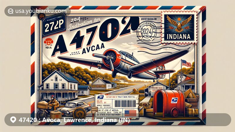 Modern illustration of Avoca, Lawrence County, Indiana, showcasing postal theme with ZIP code 47420, featuring Avoca Park and Indiana state symbols.