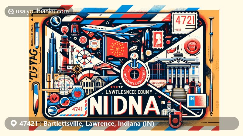 Creative illustration representing Bartlettsville, Lawrence County, Indiana, with a modern airmail envelope displaying ZIP code 47421, featuring state flag and local landmarks.