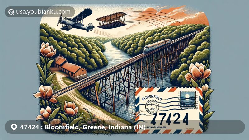Vibrant illustration of Bloomfield, Greene County, Indiana, featuring ZIP code 47424 and iconic Tulip Trestle railway bridge, surrounded by lush forests and natural landscapes, with vintage airmail envelope and postal stamp.