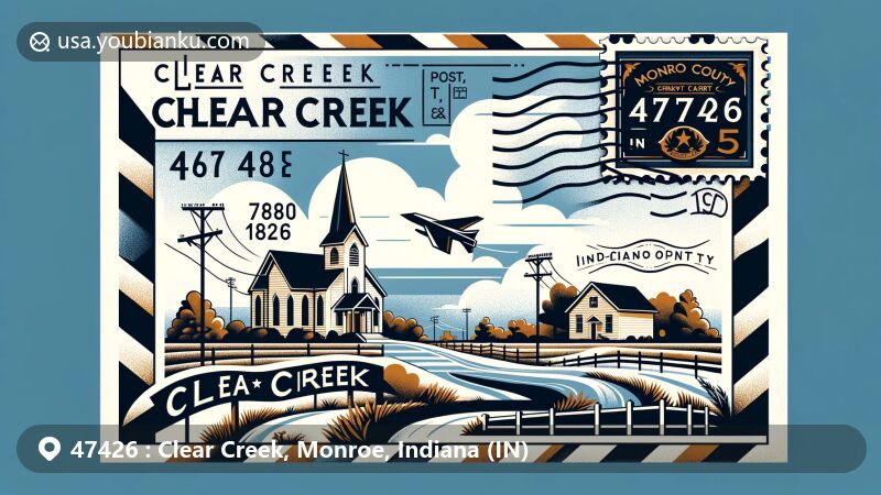 现代插图，展示印第安纳州克劳福德县霍顿市，突出显示以邮政主题为特色，包括邮政编码47140，展示马伦戈洞穴和印第安纳州象征。