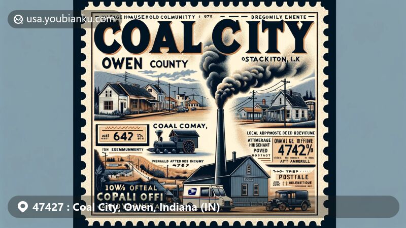 Modern illustration of Coal City, Owen County, Indiana, highlighting postal theme with ZIP code 47427, featuring vintage air mail envelope, Indiana outline, classic red mailbox, and coal motif.