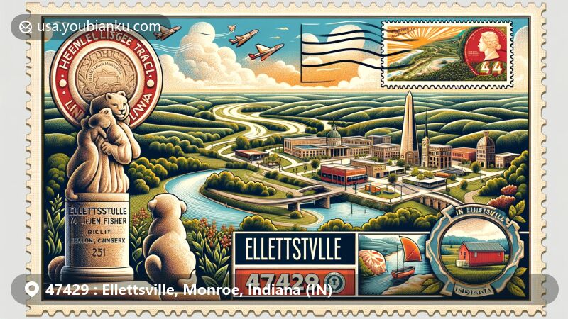 Modern illustration of Ellettsville, Indiana, featuring the Heritage Trail with limestone carvings, 'Puppy Love' sculpture by John Fisher, nod to Indiana University, Lake Monroe, and McCormick’s Creek State Park. Includes artistic postal element in vintage postcard layout.