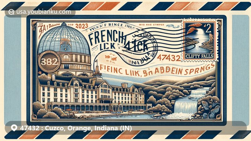 Illustration of French Lick, Indiana area, showcasing vintage airmail envelope design with West Baden Springs Hotel, Clifty Falls, and mineral spring stamp.