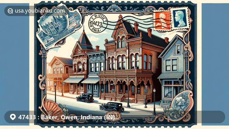 Detailed illustration of Gosport Historic District in Gosport, Indiana, displaying architectural diversity and small-town charm with vintage postal element and ZIP code 47433.