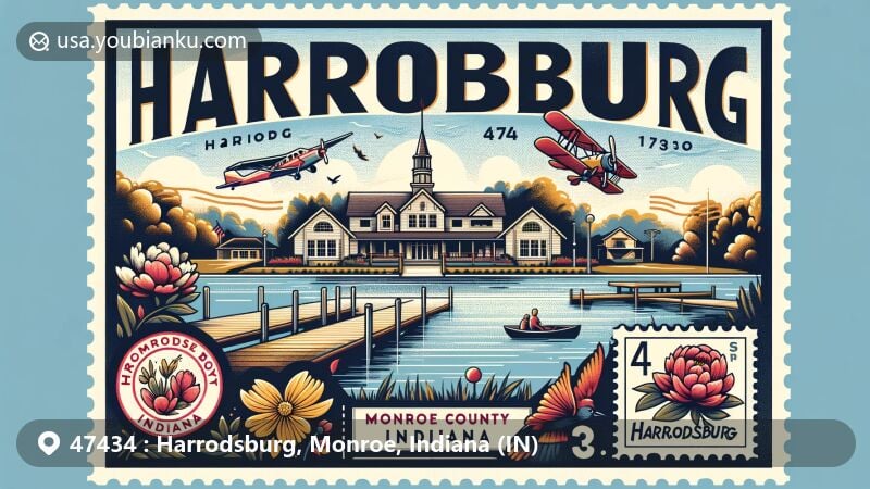 Illustration of Harrodsburg, Monroe County, Indiana, highlighting vibrant community life with the Harrodsburg Community Center and annual Heritage Days Festival, against the backdrop of Monroe Lake. Features vintage postage stamp with Indiana's cardinal and peony, and airmail border.