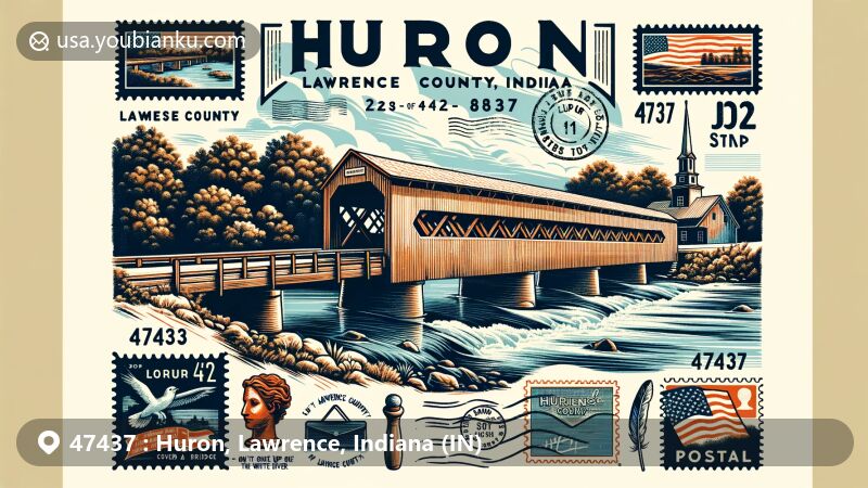 Modern illustration of Huron, Lawrence County, Indiana, featuring Williams Covered Bridge, the longest double-span covered bridge in the US, historical significance crossing East Fork of the White River.