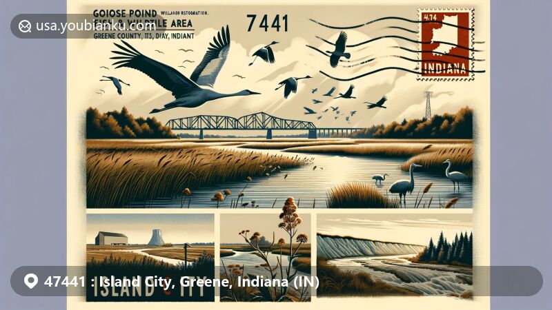 Modern illustration of Island City, Greene County, Indiana, capturing the scenic Goose Pond Fish & Wildlife Area with wetland restoration, migrating Sandhill Cranes, and Canyon Forest Nature Preserve's sandstone outcroppings and rare plant life.