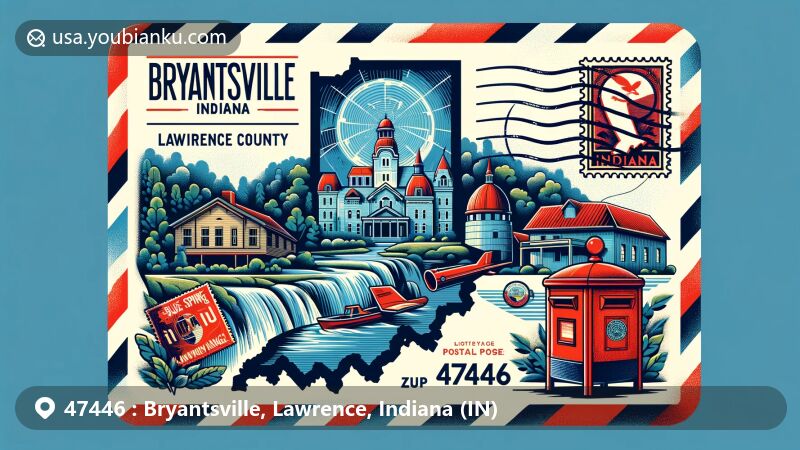 Modern illustration of Bryantsville, Indiana area with vintage postal theme, showcasing ZIP code 47446 and Bluespring Caverns in Lawrence County.