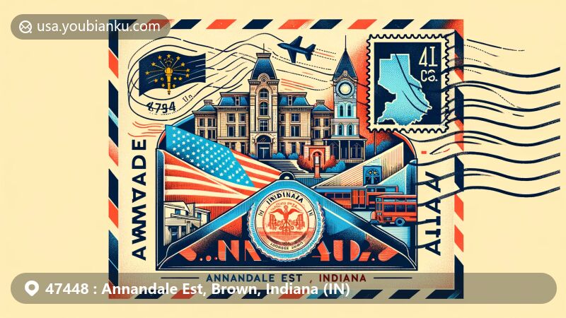 Modern illustration of Annandale Est, Brown County, Indiana, showcasing postal theme with ZIP code 47448, featuring Indiana state symbols and historic landmarks.