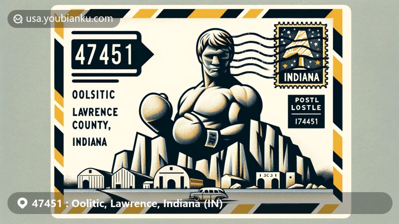 Modern illustration of Oolitic, Lawrence County, Indiana, postal code 47451, featuring limestone quarries and Joe Palooka statue, showcasing local landmarks and Indiana state flag.