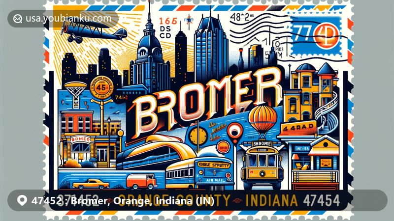 Modern illustration of Bromer, Orange County, Indiana, resembling a vintage postcard with postal theme for ZIP code 47452, featuring the West Baden Springs Hotel and iconic Indiana symbols.