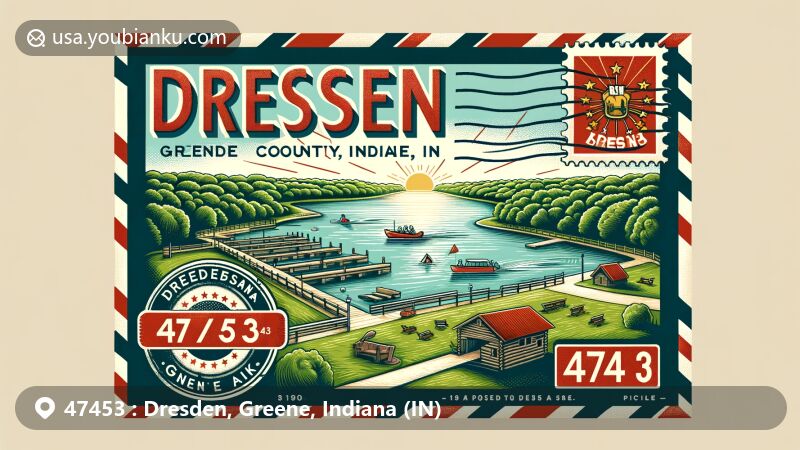 Modern illustration of Dresden, Greene County, Indiana area with ZIP code 47453, featuring vintage air mail envelope frame symbolizing postal theme, Shakamak State Park with lakes and recreational activities, and historic log cabin town of Dresden.